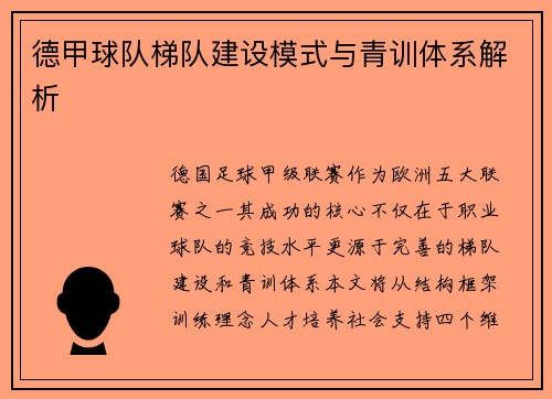 德甲球队梯队建设模式与青训体系解析
